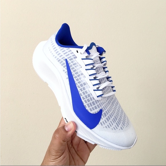 Nike iD Air Zoom Pegasus 37 By You White and Blue Athletic Sneakers - Picture 3 of 7